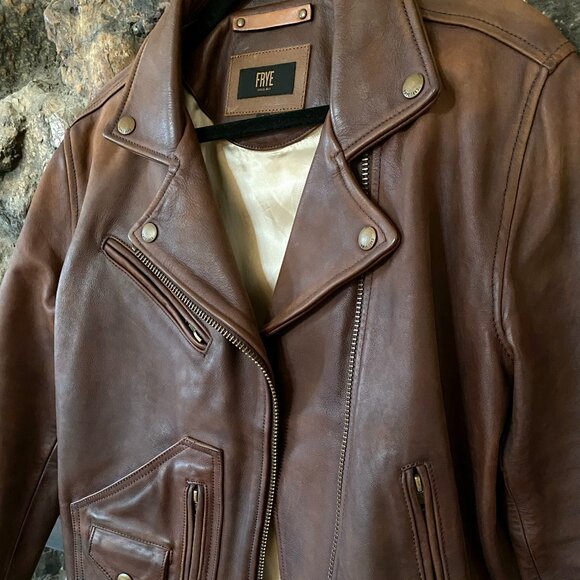 Frye Mens Leather Moto Jacket "Corey" Size Small, Dark Brown, Like New - Picture 3 of 11